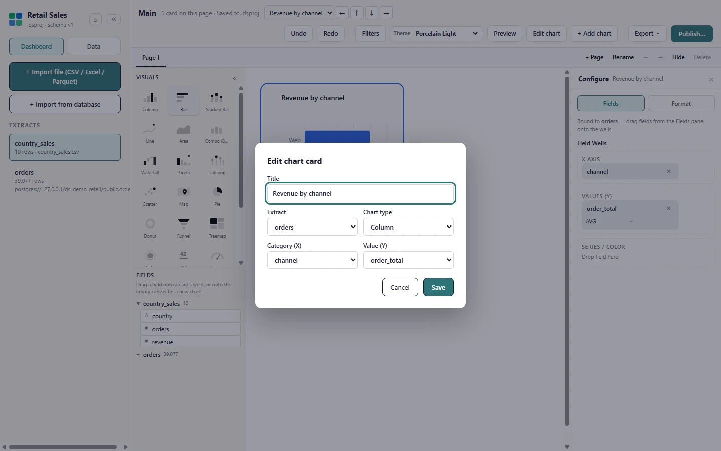 With a card selected, Edit chart reopens the dialog so you can switch its chart type (here Column) or change its fields.
