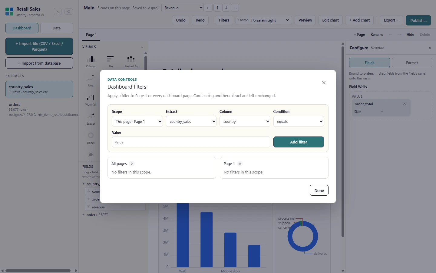 Select Filters in the ribbon. Dashboard filters opens, and it says "No filters in this scope." until you add one.