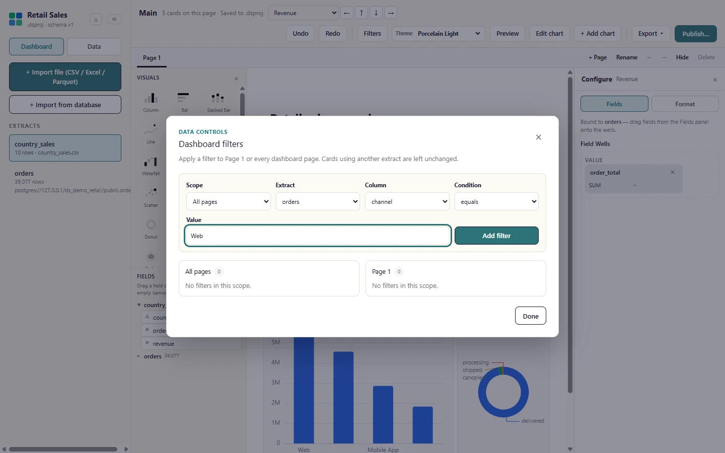 Choose the Scope (All pages or just this page), the extract, the column, the condition and a value, then select Add filter.