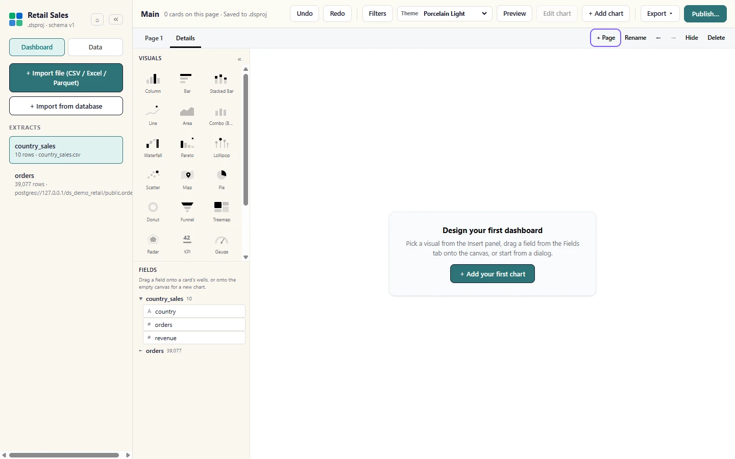 Use + Page to add a page (here Details). The tabs above the canvas move between pages; Rename, the arrows, Hide and Delete act on the page you are on.