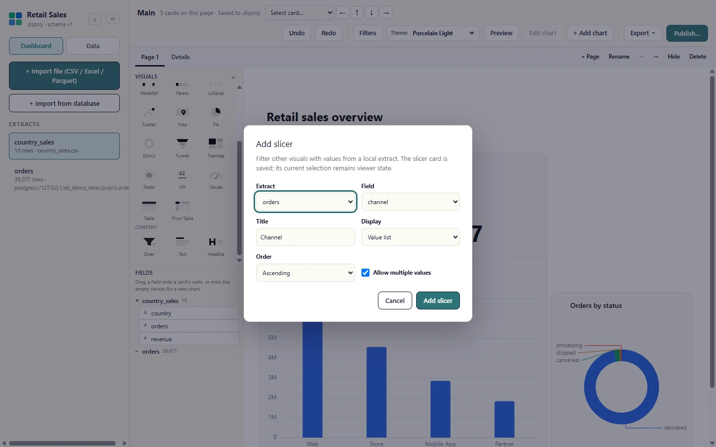 To let viewers of your own preview filter by a field, add a Slicer from the Content tiles under the visuals: pick the extract, the field and how it displays.