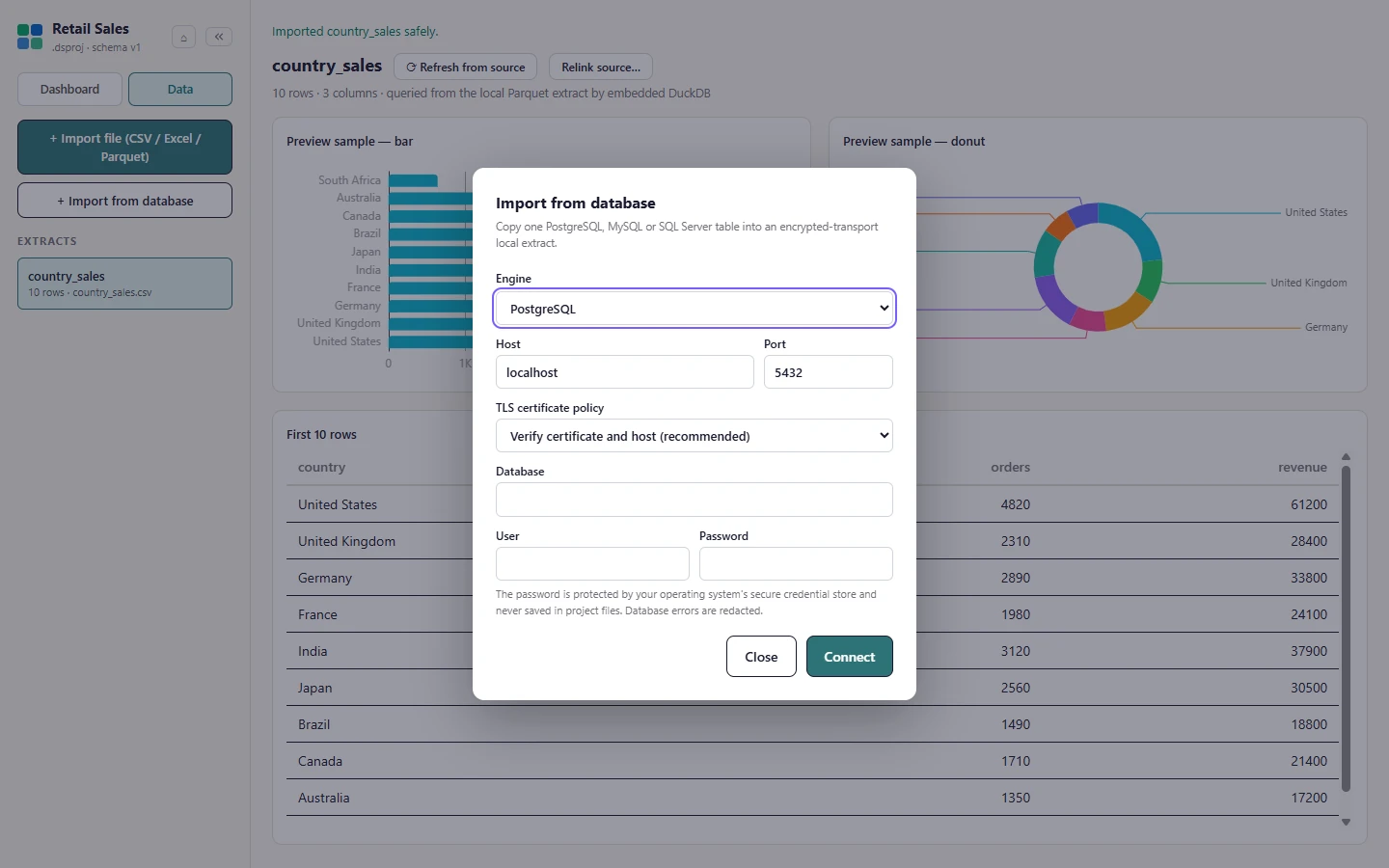 Select Import from database. Pick the Engine: PostgreSQL, MySQL or SQL Server.