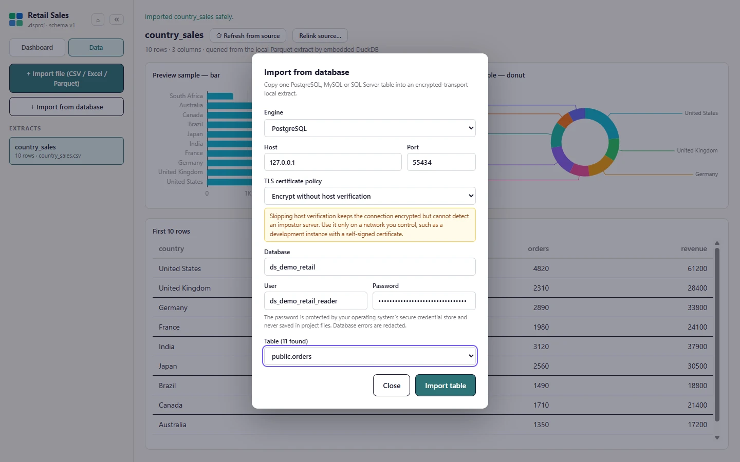 Select Connect. Studio lists the tables it can read; pick one and select Import table.