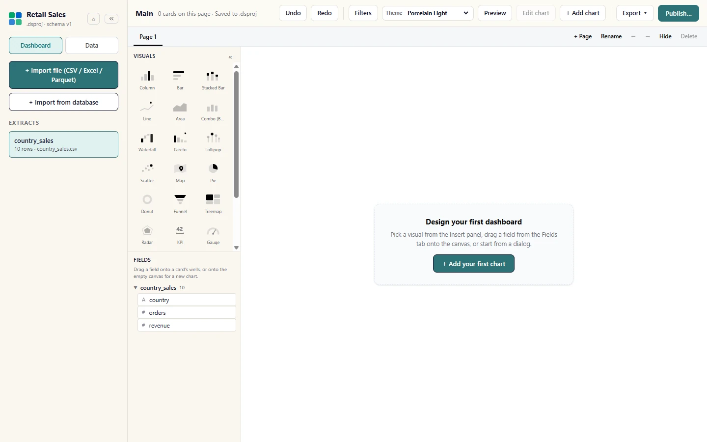 Choose the file. Studio copies it into a local extract (a progress bar shows while it runs). The table is listed under Extracts in the project panel, and its columns appear under Fields. The original file is never changed.