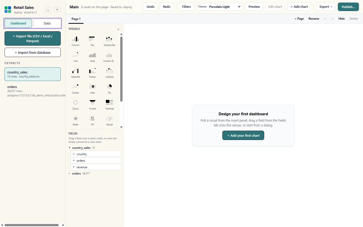 Use Project view to switch between Data and Dashboard. The Dashboard view is the designer: visuals, fields, the canvas and the configure rail.