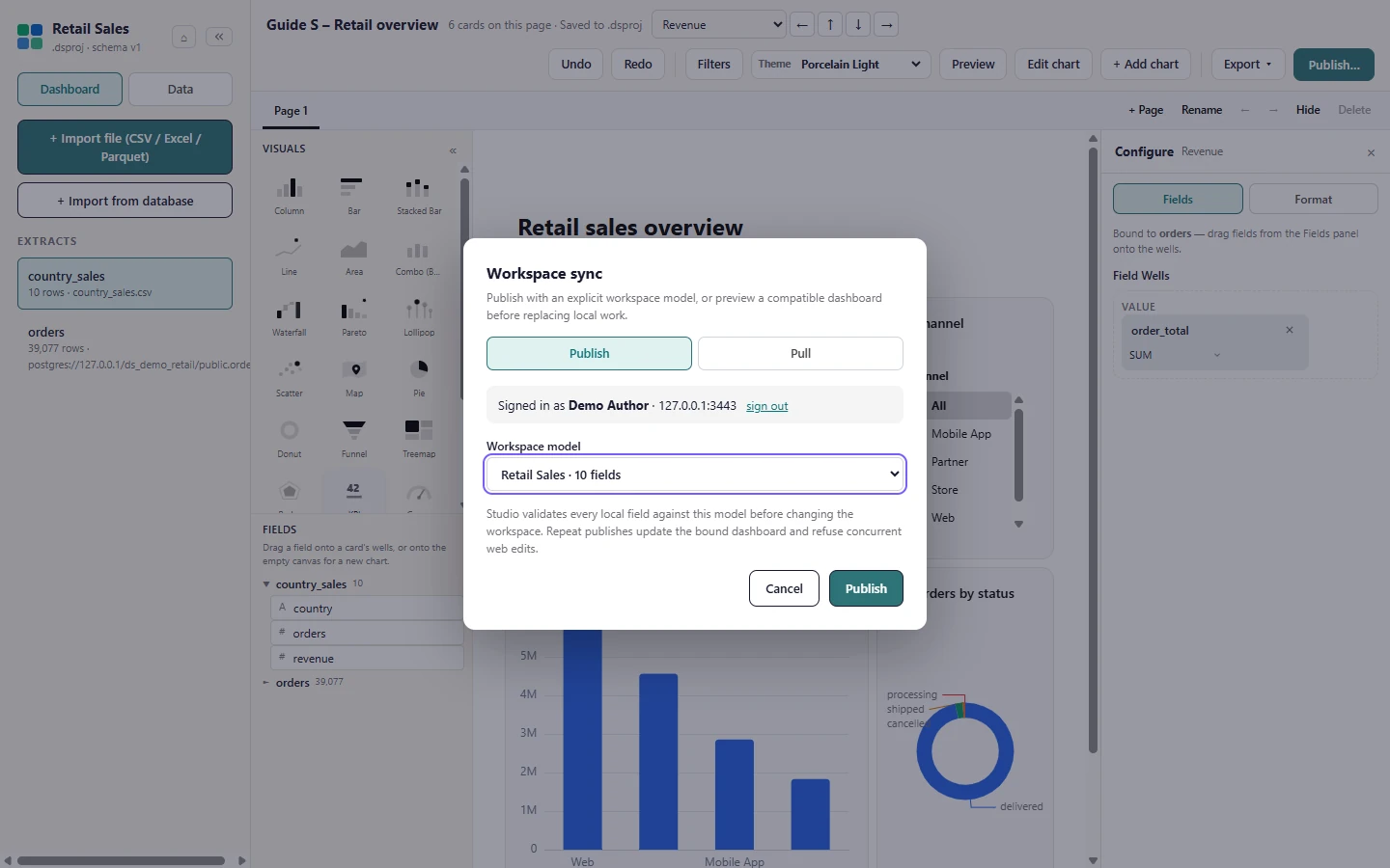 On the Publish tab choose the Workspace model the dashboard should read from. Studio validates every local field against that model before it changes anything in the workspace.