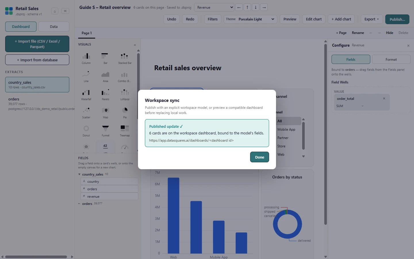 Publishing again updates the same workspace dashboard (Published update) and refuses if someone changed it on the web in the meantime, so you never overwrite their edit unseen.