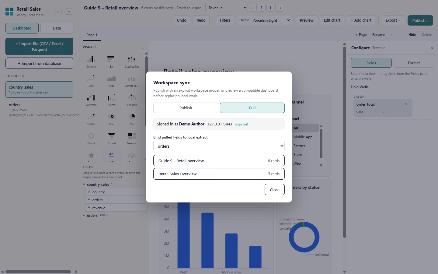 Open the Pull tab, choose the local table the pulled fields should bind to, and pick a workspace dashboard from the list.