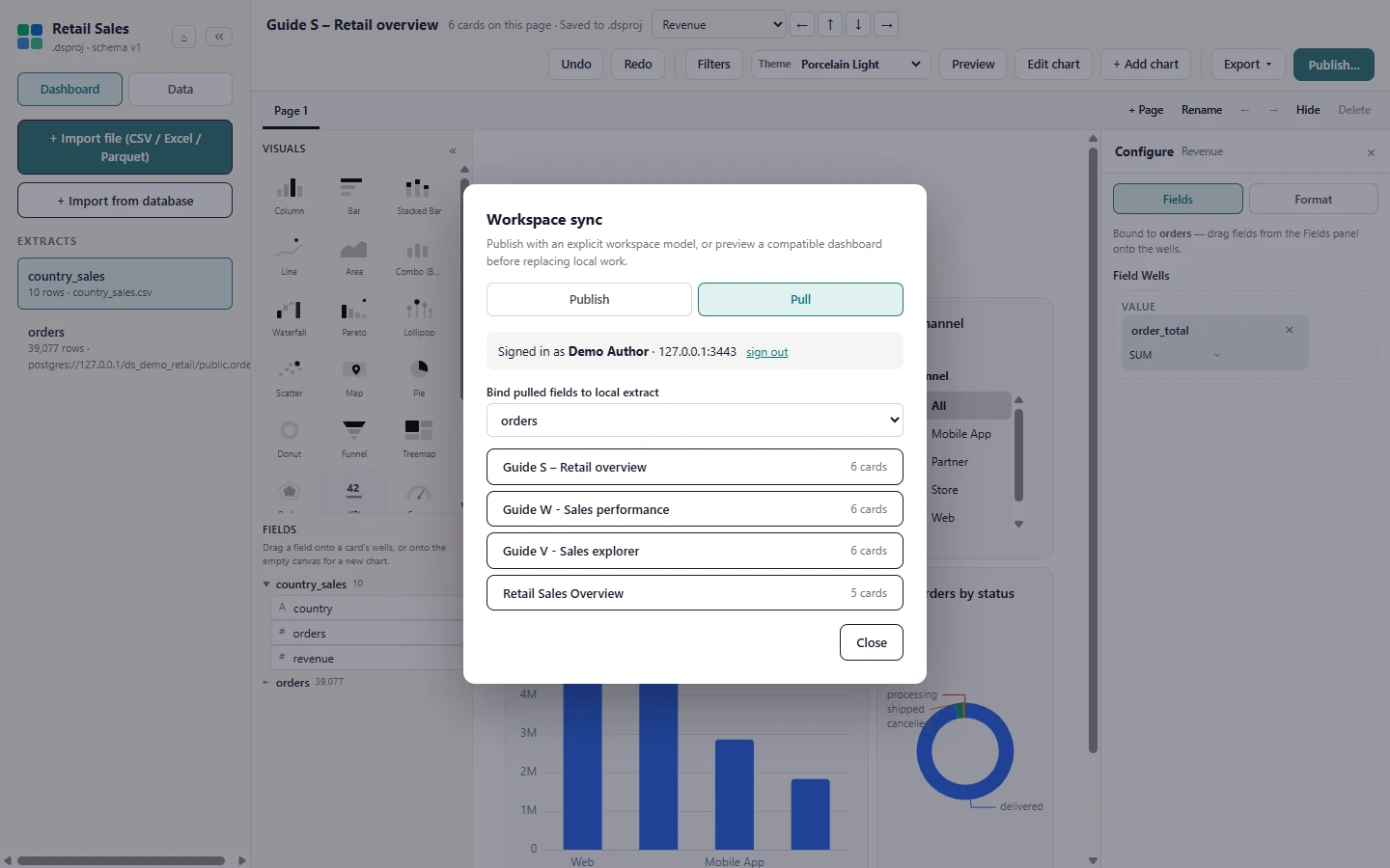 Back returns to the dashboard list. Apply pull (shown when the preview is compatible) replaces the local dashboard after making a recovery copy of it first.
