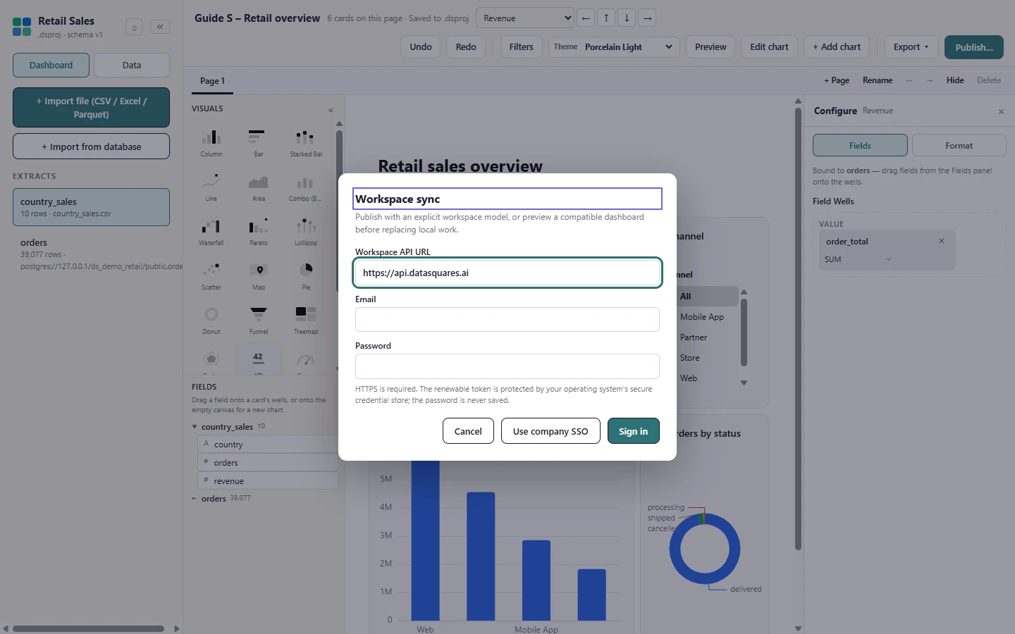 Select Publish... in the ribbon. The Workspace sync dialog opens on a sign-in form.