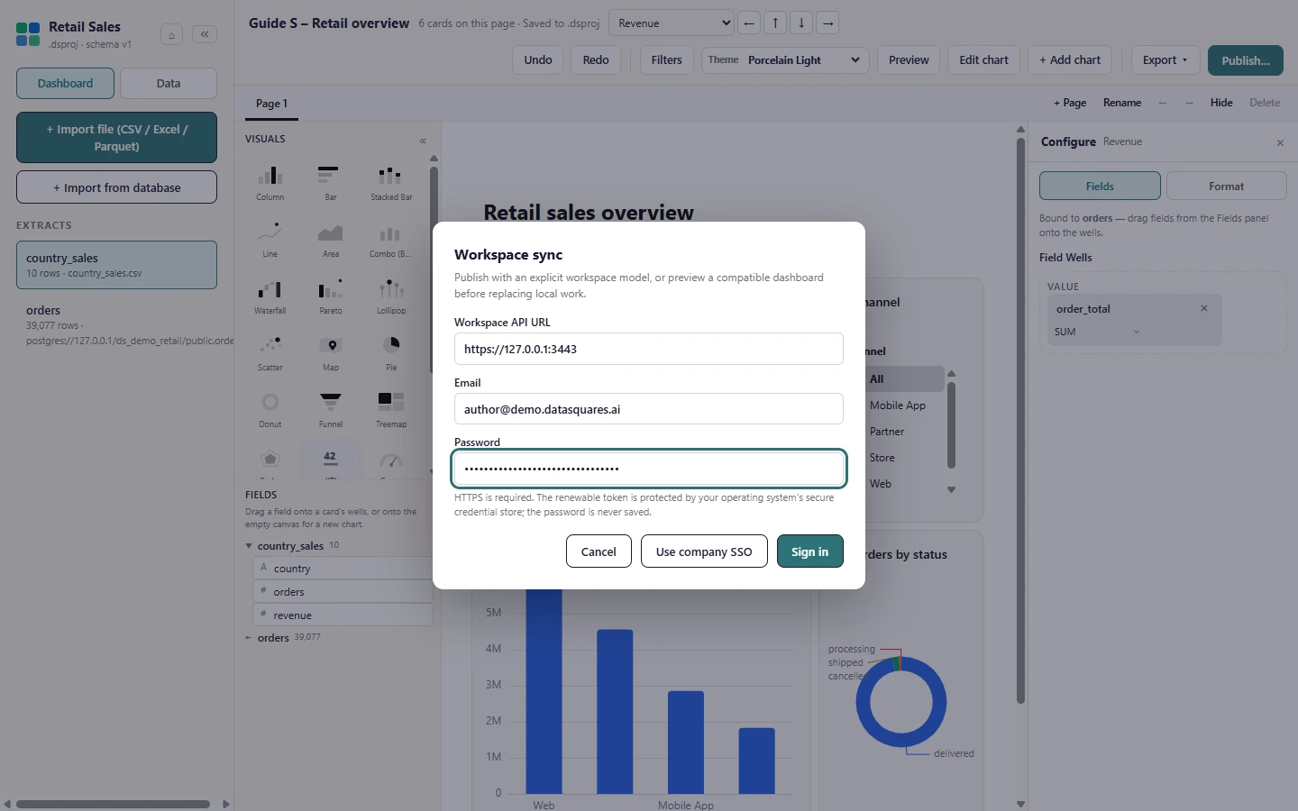 Enter your workspace API address (your organisation gives you this; it must be HTTPS), your email and your password. Use company SSO signs in through your identity provider instead. The password is never saved.