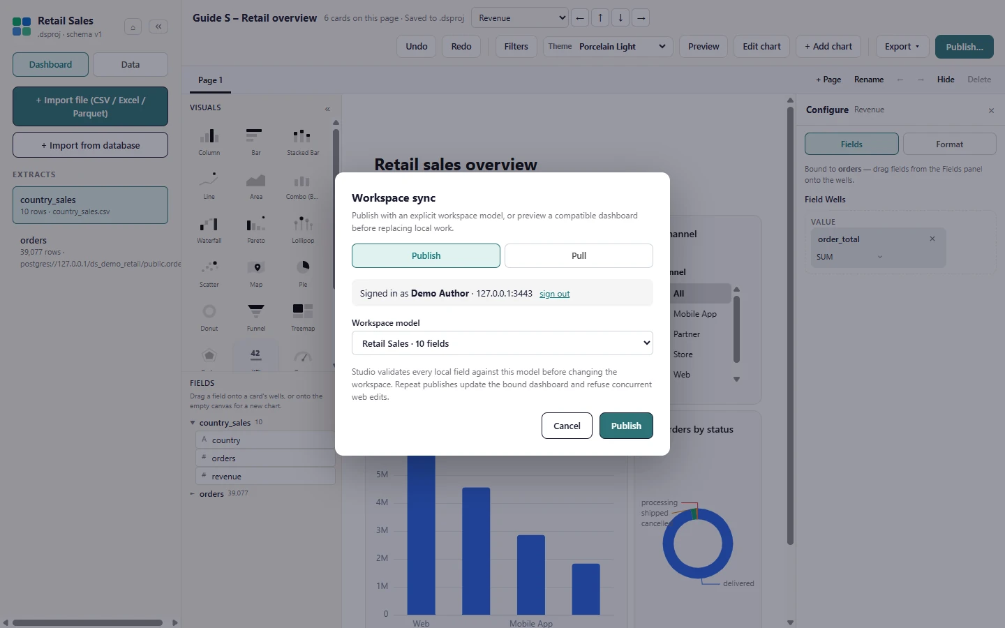 When sign-in succeeds the dialog names you and the workspace, and lists the workspace models on the Publish tab. If your account needs a two-factor code, Studio asks for it before this point.