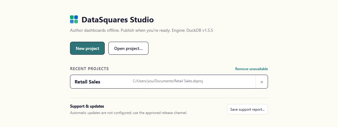 Back on the start page the project is listed under Recent projects. Select it to open it again, or use Open project to find one elsewhere.