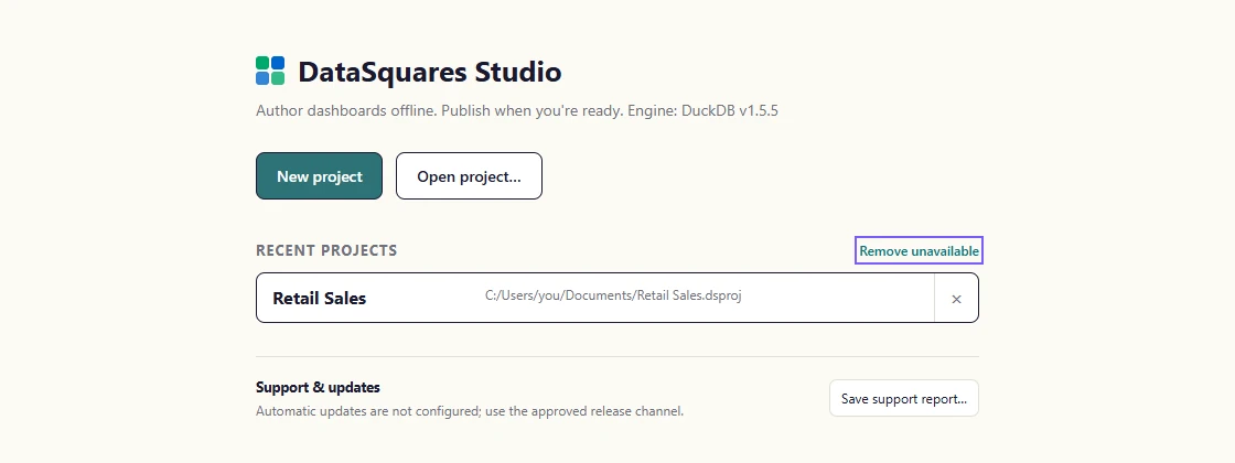 If a project folder was moved or deleted, Remove unavailable clears those entries from the list. The x beside a project removes just that one.
