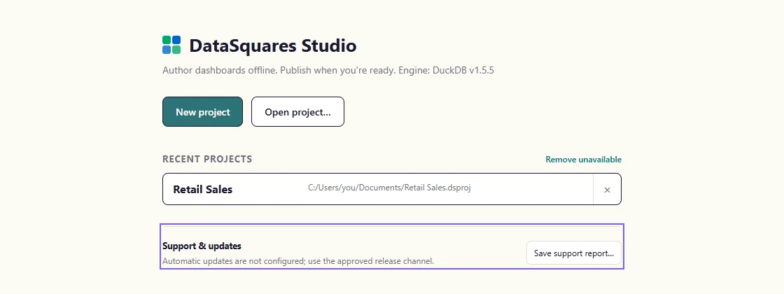 The Support & updates panel on the start page shows the update status (this build has no automatic update feed; install updates only from your approved release channel). The engine version is under the title.