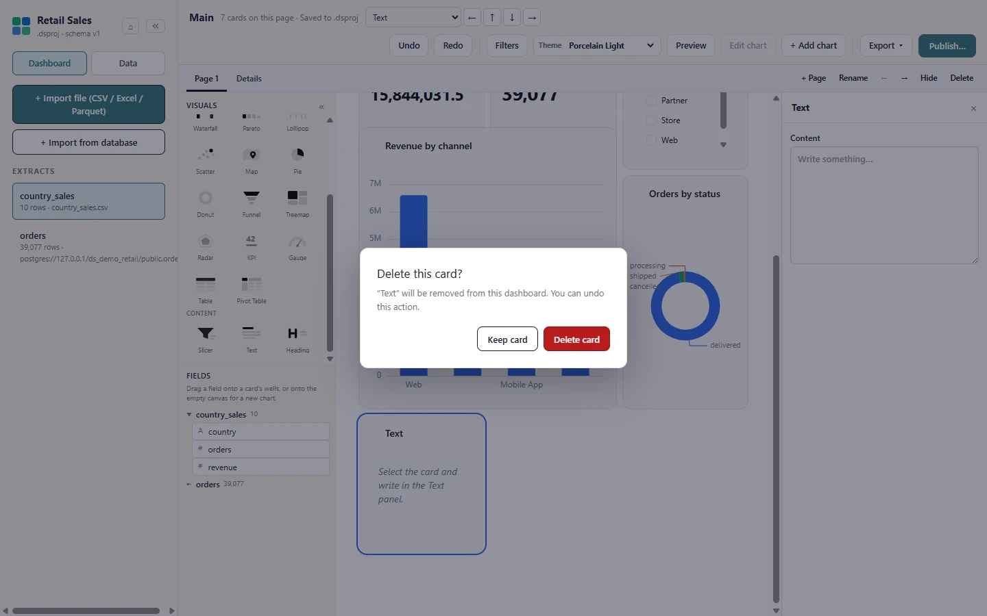 Deleting a card asks first: right-click a card, choose Delete, then Delete card to confirm (Keep card cancels). Undo brings a deleted card back.