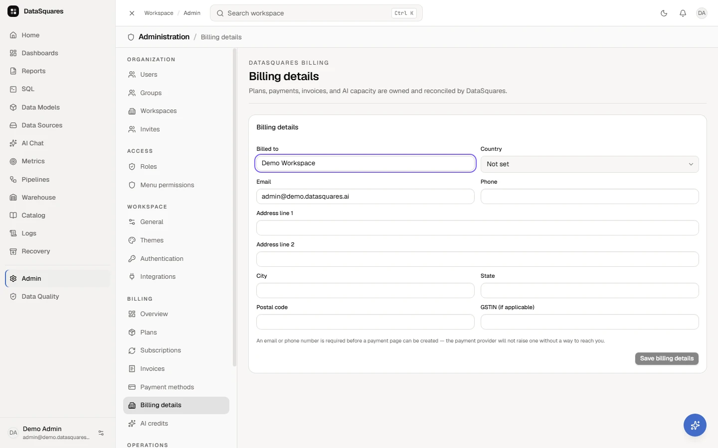 Open Admin, then Billing details. This is the contact and address printed on your invoices.