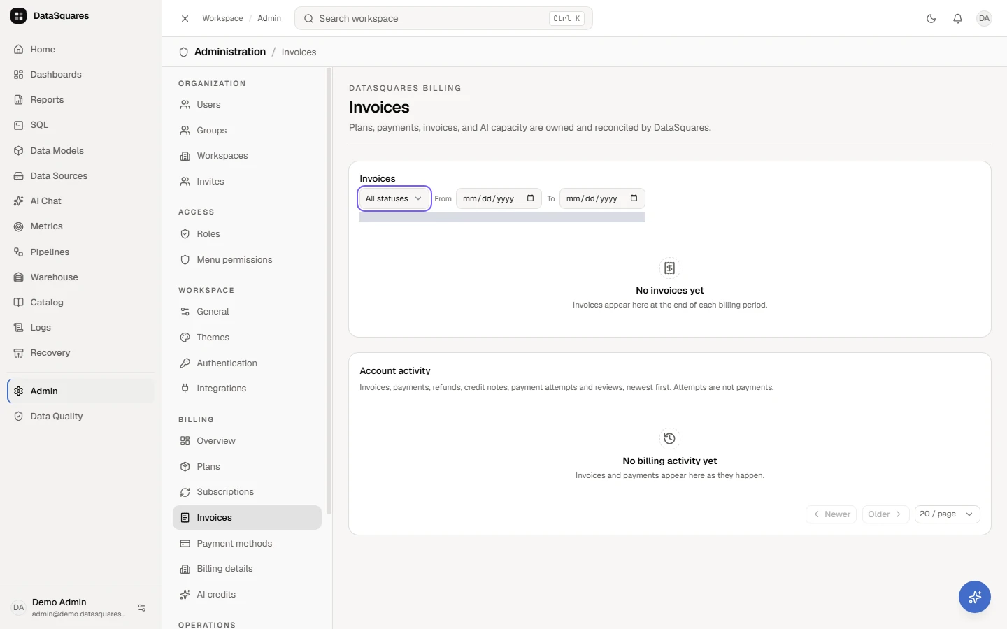 Open Admin, then Invoices under Billing. Filter by status (Open, Overdue, Paid or Void) and by date range. Invoices appear here at the end of each billing period; open one for its detail, download its PDF or pay one that is due. This workspace has none yet. Below, Account activity lists everything on the account, newest first: invoices, payments, refunds, credit notes and payment attempts. A payment attempt is not a payment; only a confirmed payment counts.