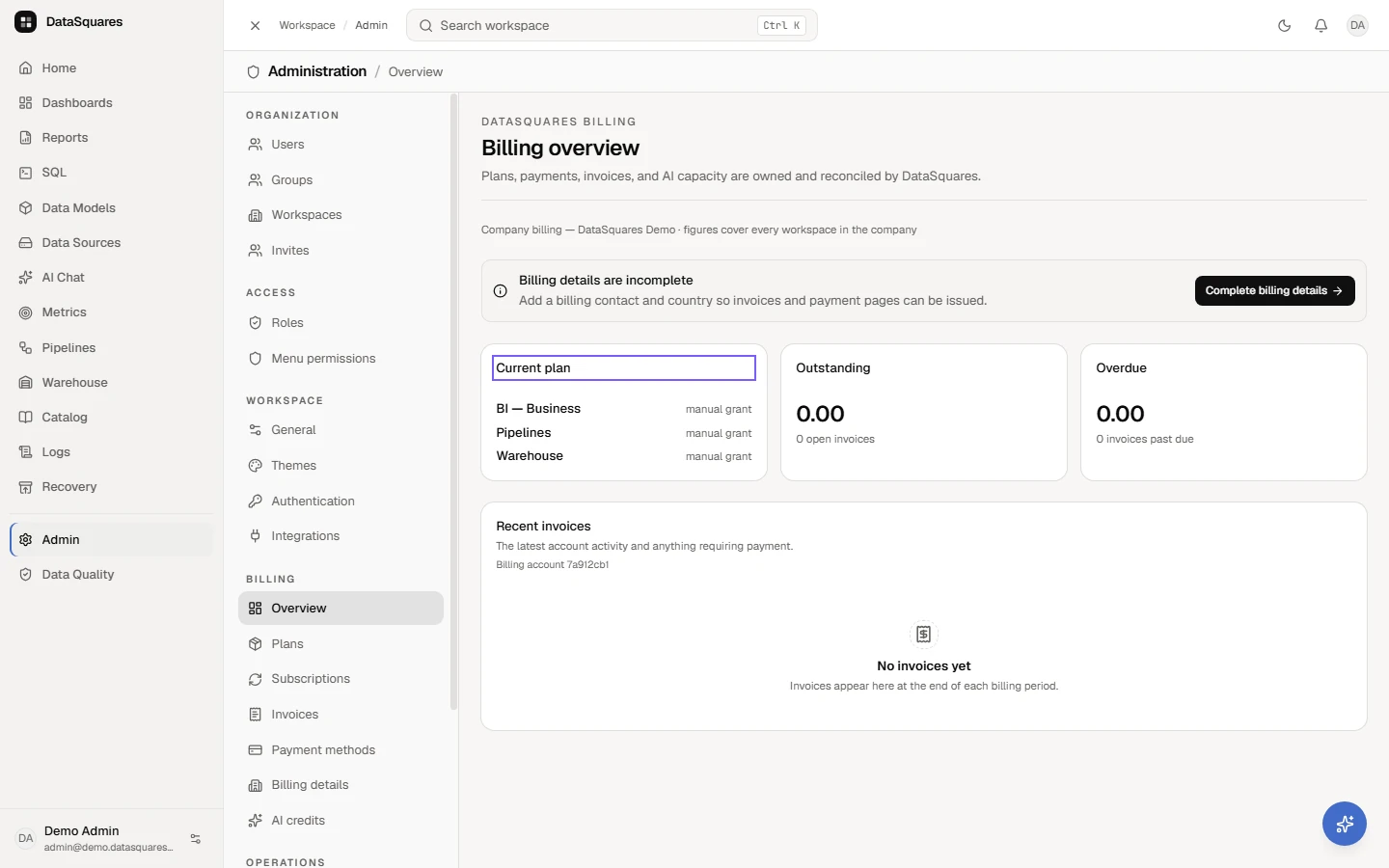 Open Admin, then Overview under Billing. Current plan lists the plans this company holds. Outstanding shows anything awaiting payment and Overdue anything late.