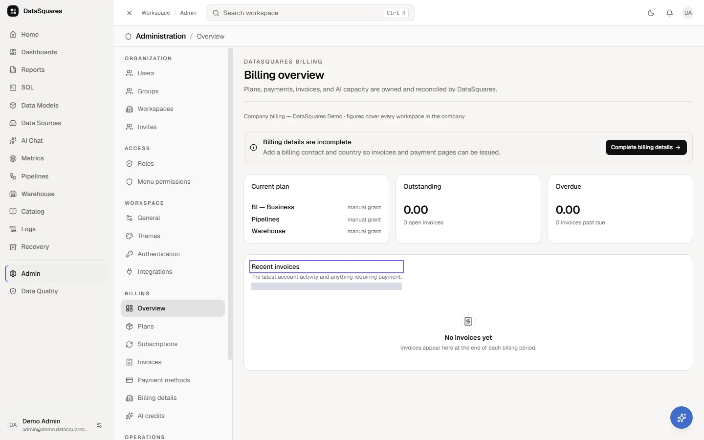Recent invoices lists the latest invoices and anything that needs paying. Use the Invoices section for the full list.