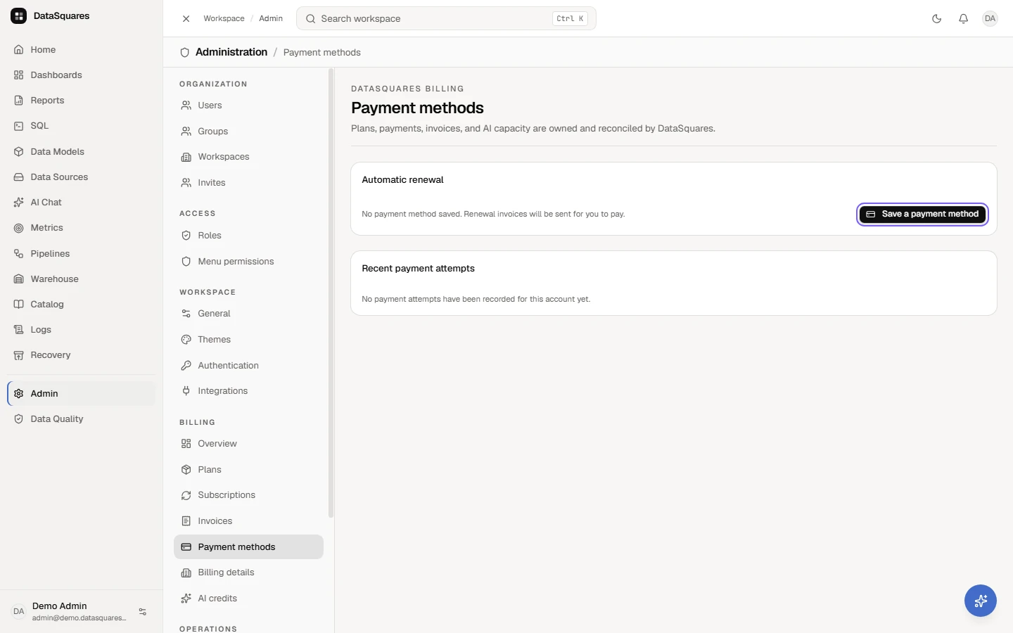 Open Admin, then Payment methods under Billing. With no payment method saved, renewal invoices are sent for you to pay. Save a payment method sets up an automatic-renewal mandate with the payment provider; once it is active, automatic renewal shows as on, and you can turn it off or remove the method. Recent payment attempts are listed below.