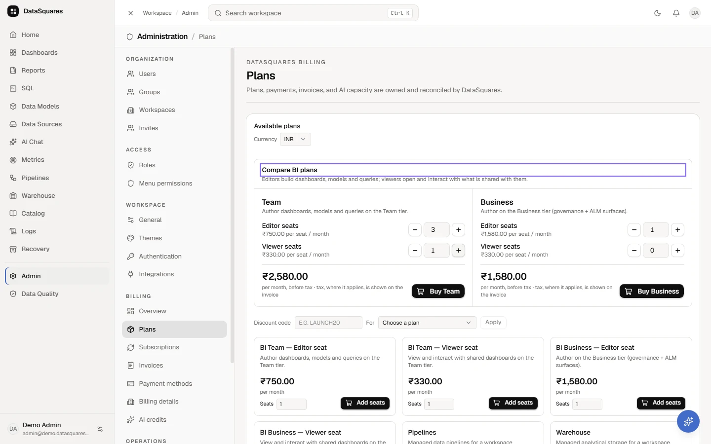 Use the steppers to set how many editor seats and viewer seats you need. Each tier shows its per-seat prices and a running total before tax.