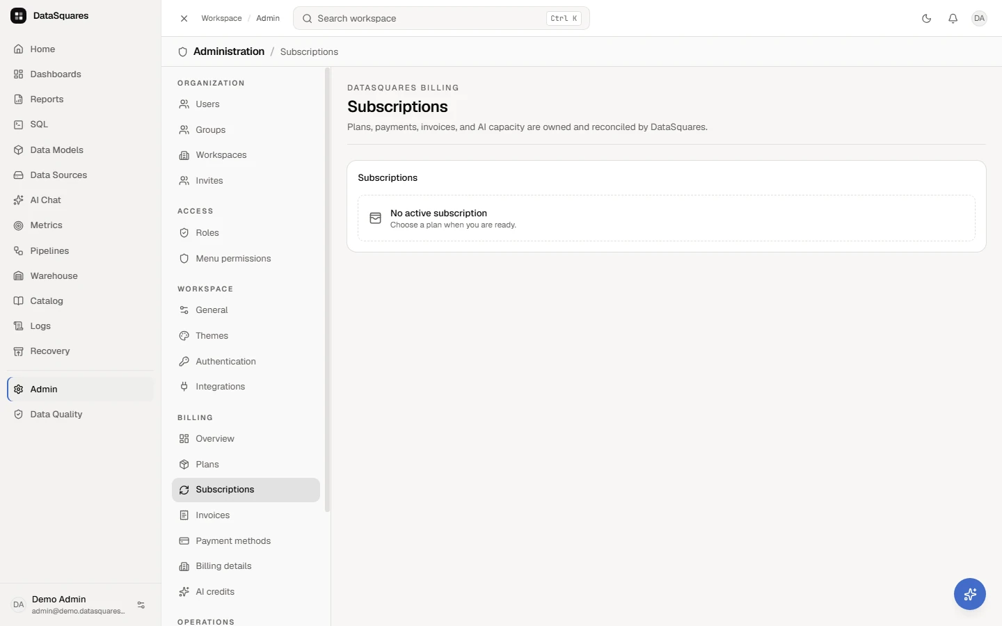 Open Admin, then Subscriptions under Billing. Each active subscription is listed here with its plan, the number of editor and viewer seats and when it renews; you can change the seats or cancel at the end of the period. This workspace has no paid subscription yet, so the page says so and points to Plans. Subscriptions that have ended are kept under a count.
