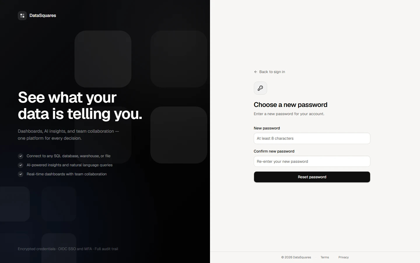 The link in the email opens this page. Enter the new password twice and choose Reset password; the page then confirms Password updated and you sign in with it. The link works once and expires. (The token here is a placeholder: no email is sent by the capture stack.)