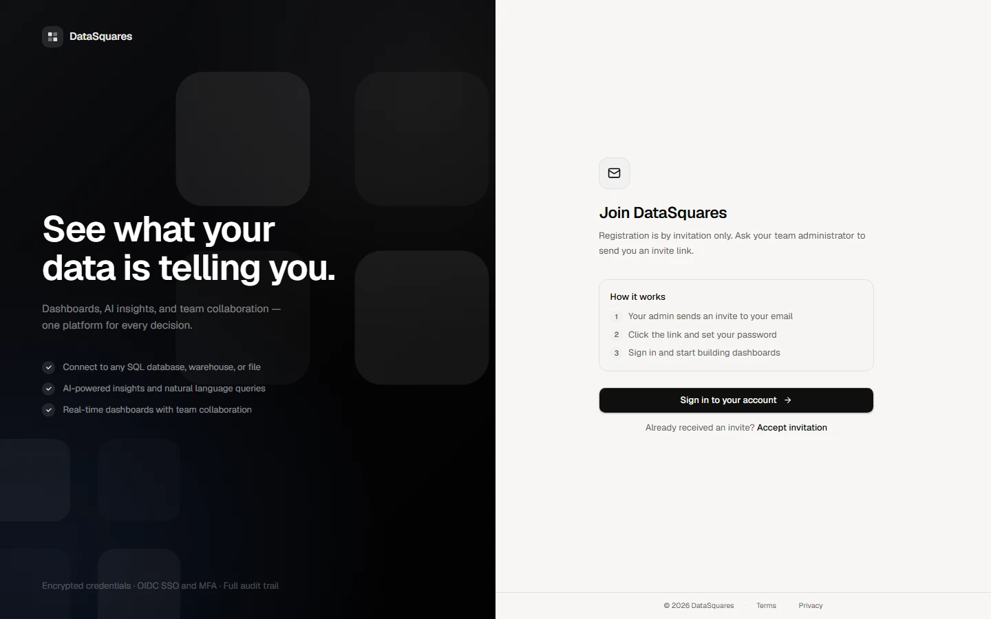 Open /register. Registration is by invitation: choose Sign in to your account if you already have one, or Accept invitation if you were sent an invite link.