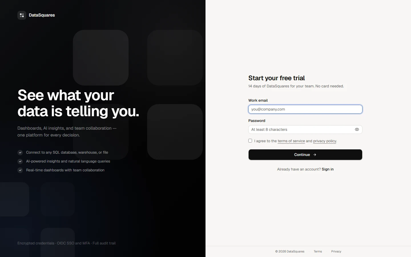 Open the sign-up page. Step 1 asks for your work email, a password and your agreement to the terms.