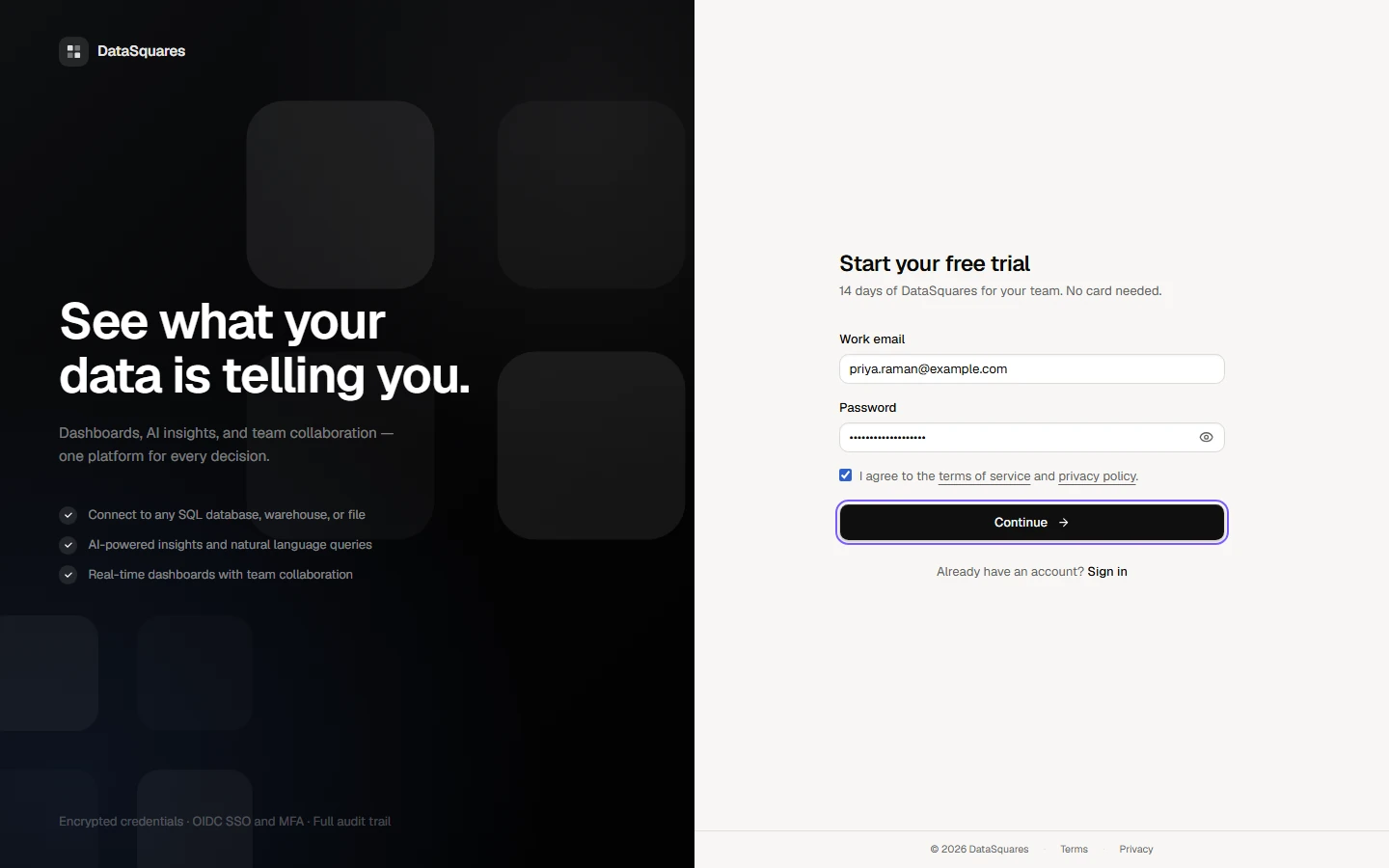 Fill in the email and a password of at least 8 characters, tick the terms, and choose Continue. The password field is masked.